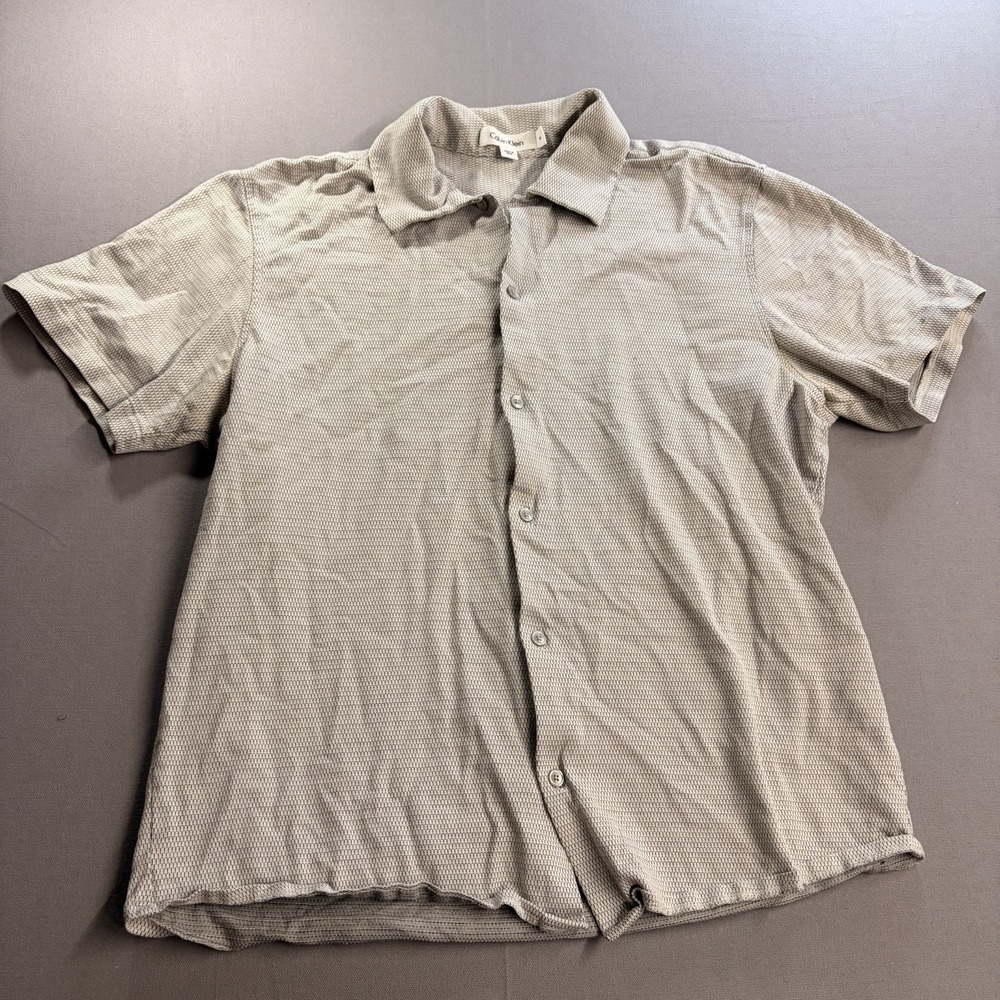 Calvin Klein Men M Short Sleeve Button Up Shirt Gray Micro Pattern Cotton Blend